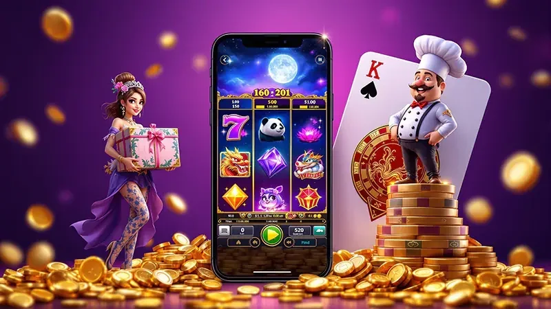 Reel slot digital dengan simbol permainan dan panel putaran